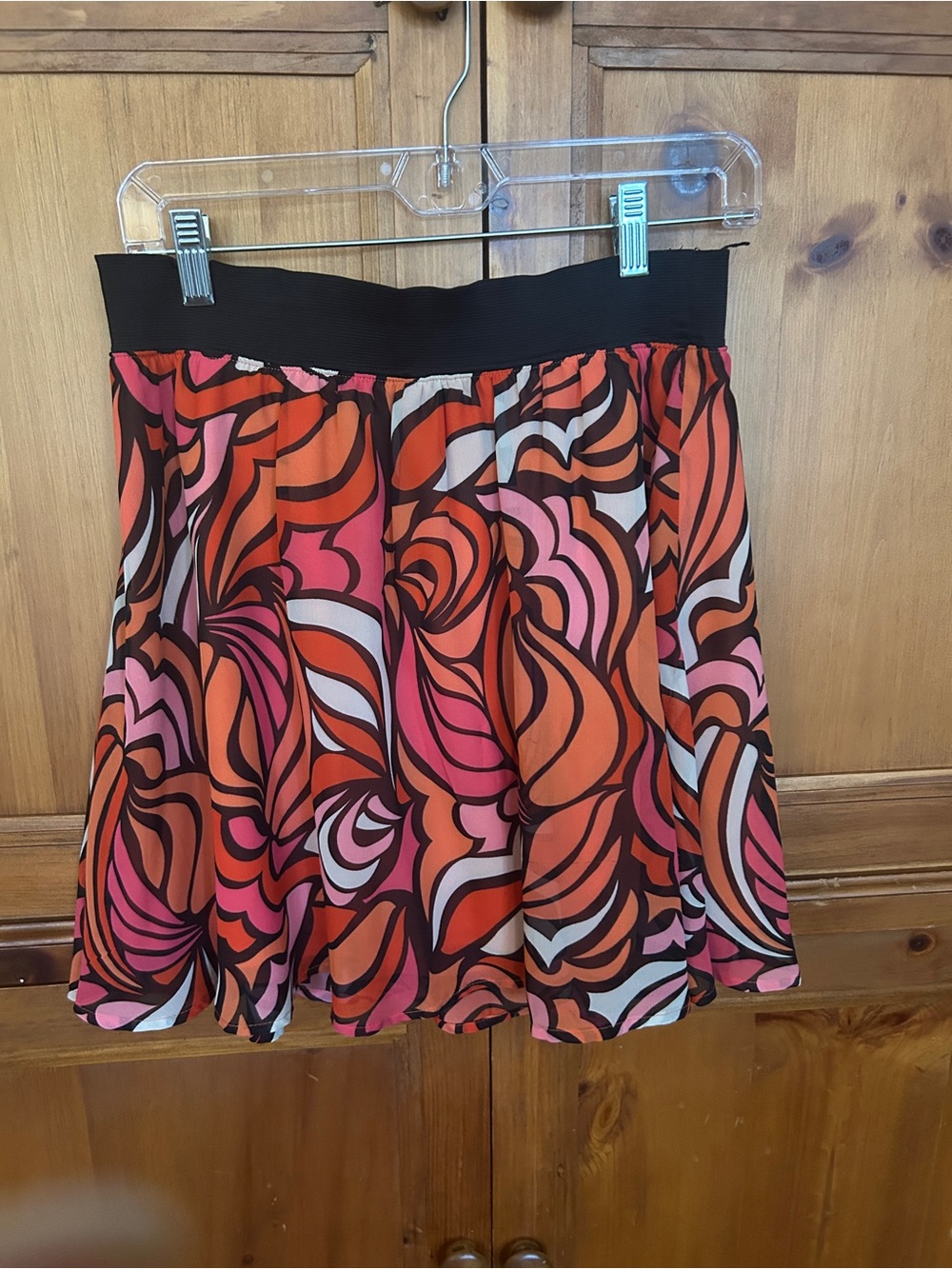Women's Retro Print A-Line Skirt in Orange & Pink. Elastic waist , lined .